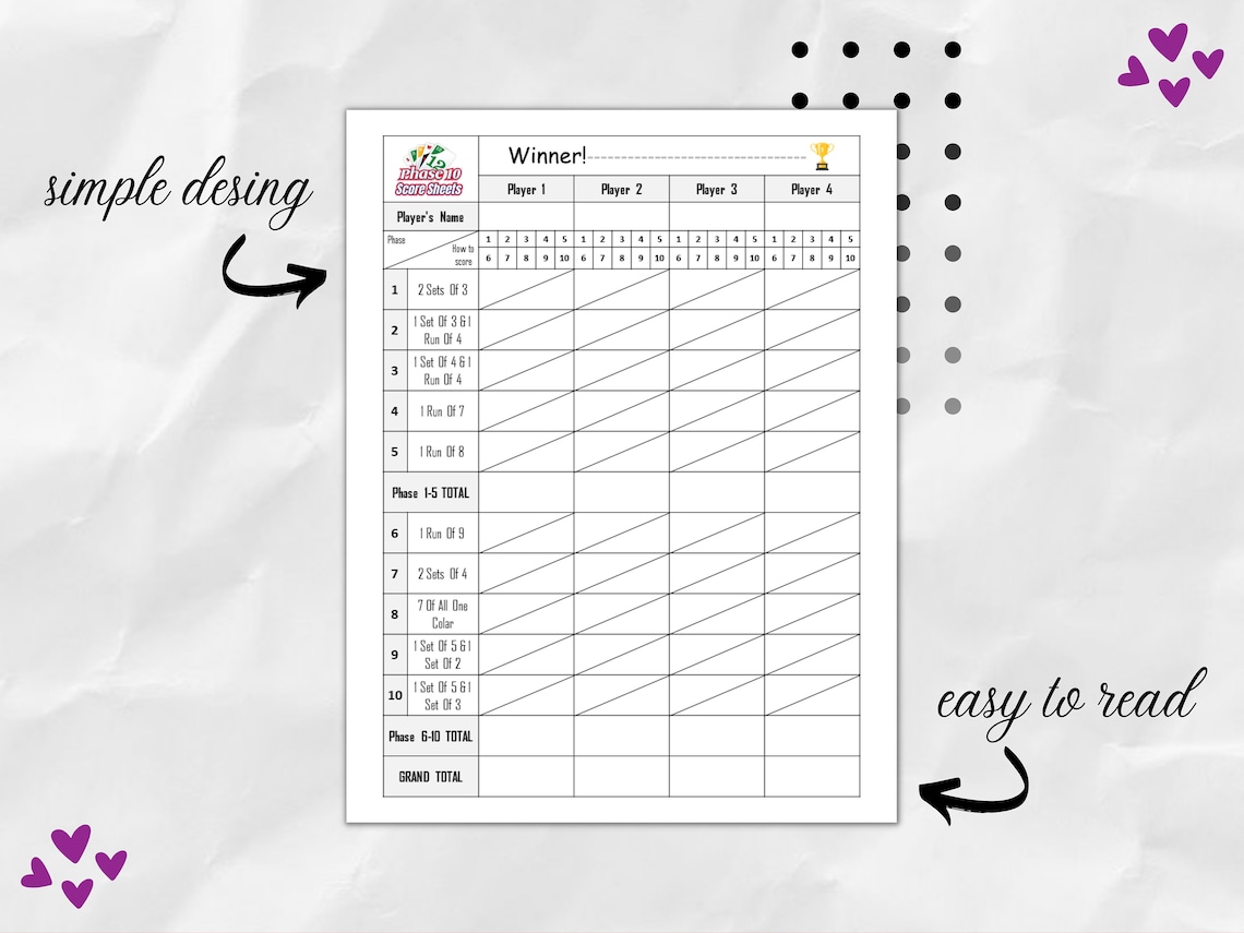 Printable Phase 10 Card Game Score Sheet, Phase Ten Dice Game Record ...
