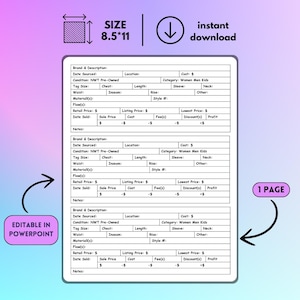 Op de afbeelding: Een digitale sjabloon voor de wederverkoop van kleding, formaat 21,6 x 27,9 cm, bewerkbaar in PowerPoint. De sjabloon bevat velden voor merk, beschrijving, maat, afmetingen en prijzen. De afbeelding bevat ook de tekst "direct downloaden" en "1 PAGE".