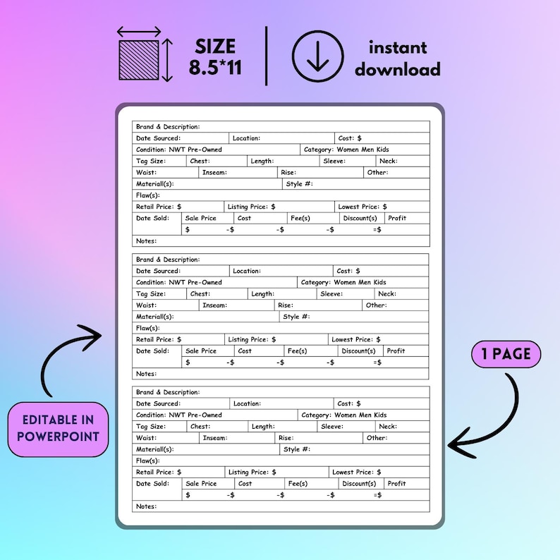 Op de afbeelding: Een digitale sjabloon voor de wederverkoop van kleding, formaat 21,6 x 27,9 cm, bewerkbaar in PowerPoint. De sjabloon bevat velden voor merk, beschrijving, maat, afmetingen en prijzen. De afbeelding bevat ook de tekst "direct downloaden" en "1 PAGE".