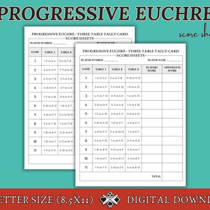 Planilhas de pontuação progressivas de Euchre, jogo progressivo de Euchre de 3 mesas, contagens de Euchre de festa, cartão de pontuação de Euchre