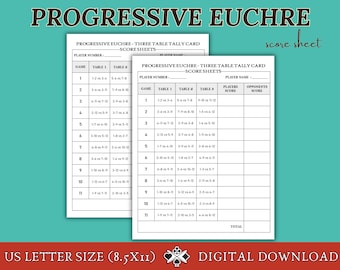 Progressive Euchre Score Sheets,3 Table Progressive Euchre Game, Party Euchre Tallys, Euchre Score Card