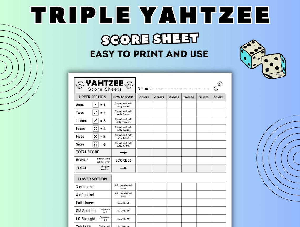 Triple Yahtzee Score Sheets Yahtzee Score Card Yahtzee Score Pad Triple Yahtzee Score Sheets Yahtzee Score Card Yahtzee Score Pad