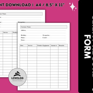 May include: A printable client record form with sections for customer information, services, products, amounts, and remarks. The form is designed for use with a business or organization.