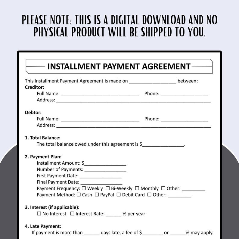 Printable Installment Payment Agreement Template, Loan Contract Form ...