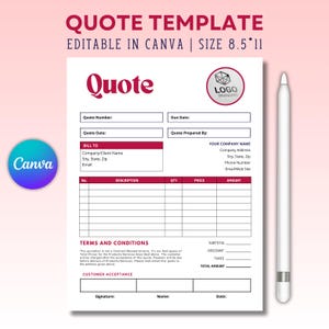 Peut inclure: Un modèle de devis imprimable en rouge et blanc. Le modèle comprend des champs pour le numéro de devis, la date, la date d'échéance, la facturation à, la description, la quantité, le prix, le montant, le sous-total, la remise, les taxes, le montant total et l'acceptation du client. Le modèle est modifiable dans Canva et mesure 8,5 pouces par 11 pouces.