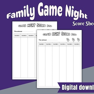 Hojas de puntuación para la noche de juegos, Hoja de puntuación para la noche de juegos familiar imprimible, Hojas de puntuación para juegos de mesa en blanco, Cuadernos de puntuación para la noche de juegos