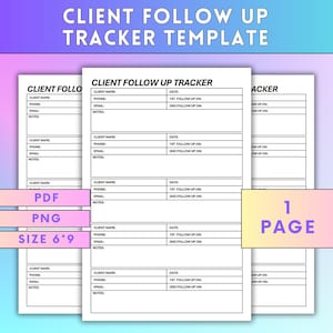 Könnte beinhalten: Ein weißes Client Follow Up Tracker Template mit dem Text "Client Follow Up Tracker Template" auf einem lila-blauen Farbverlaufshintergrund. Die Vorlage enthält Felder für Kundenname, Telefon, E-Mail und Notizen. Die Größe beträgt 15,24 x 22,86 cm.