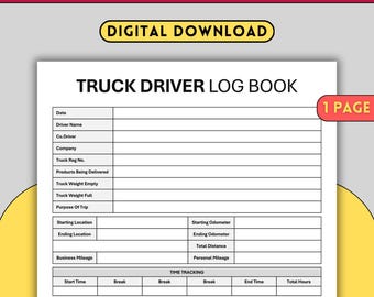 Sjabloon logbestand vrachtwagenchauffeur, afdrukbaar logblad chauffeur, dagelijkse voertuigrittracker, brandstofonderhoudsrecord kilometerstand, sjabloon autorit