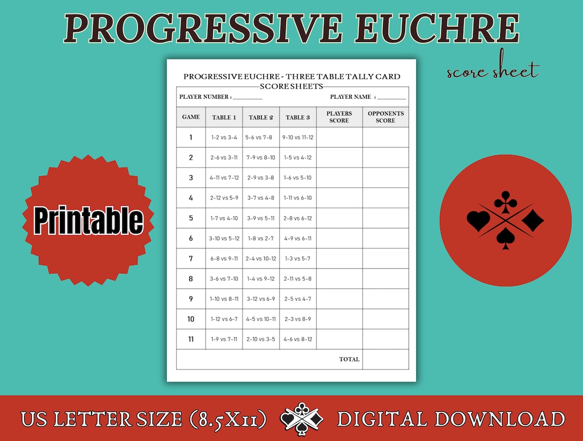 Progressive Euchre Score Sheets,3 Table Progressive Euchre Game, Party