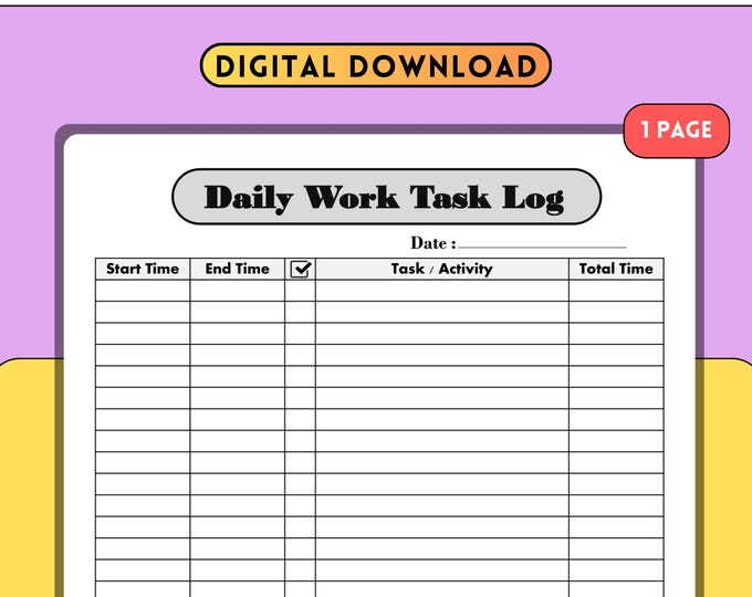 Daily Work Task Log Printable, Time Management Tracker PDF, Employee ...