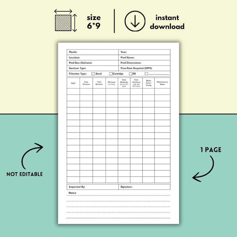 Pool Maintenance Checklist | Residential Pool Care Log & Service Record ...