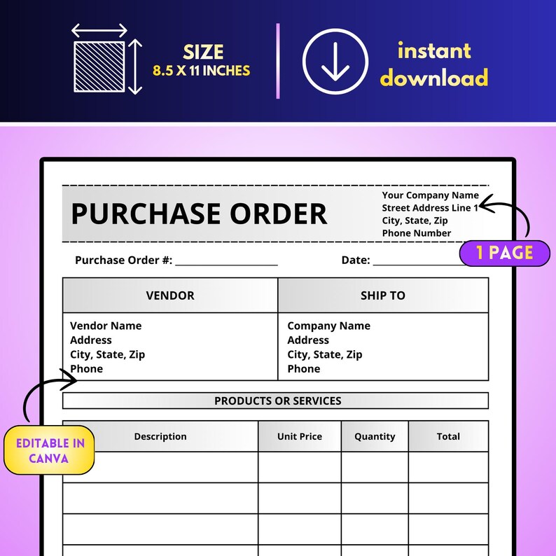 Printable Purchase Order Template, Small Business PO Form, Purchase ...