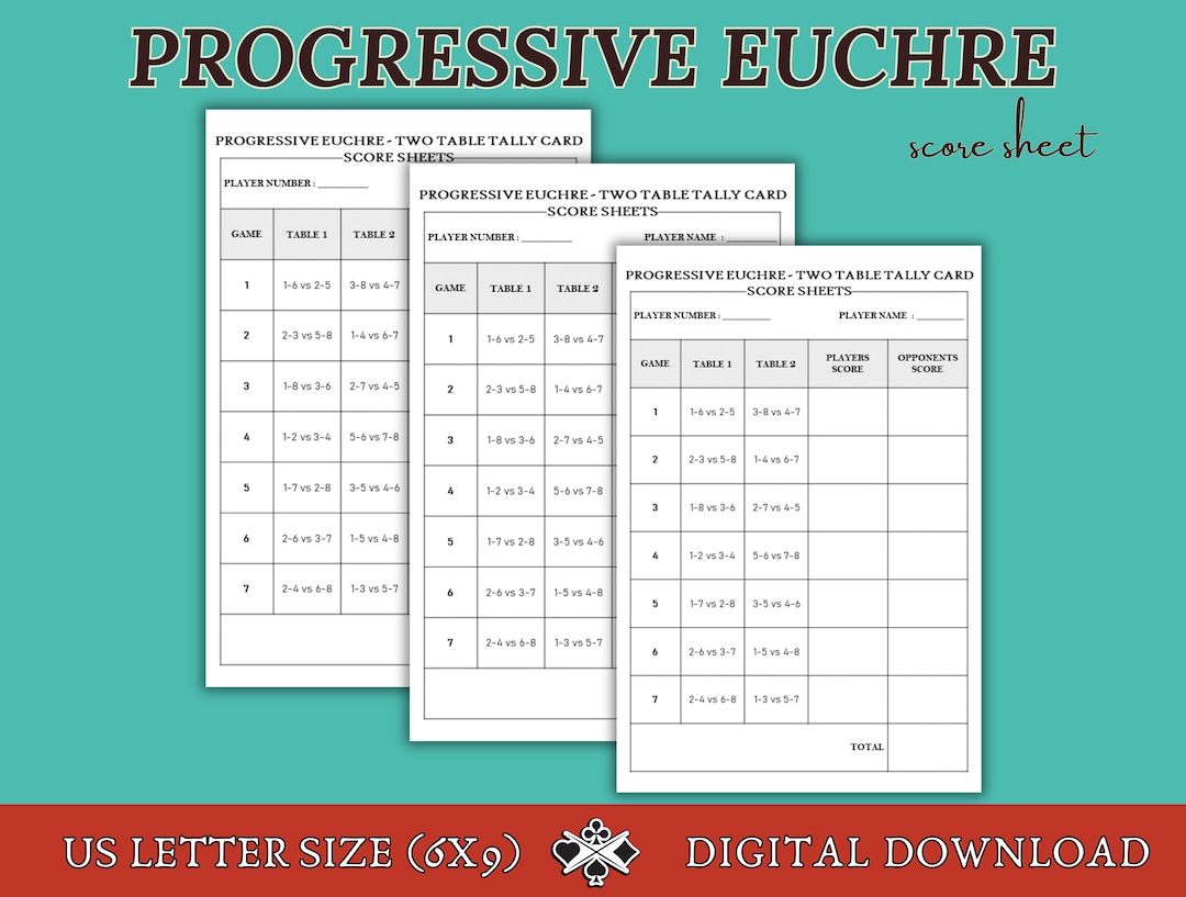 Progressive Euchre Score Sheets,2 Table Progressive Euchre Game, Party