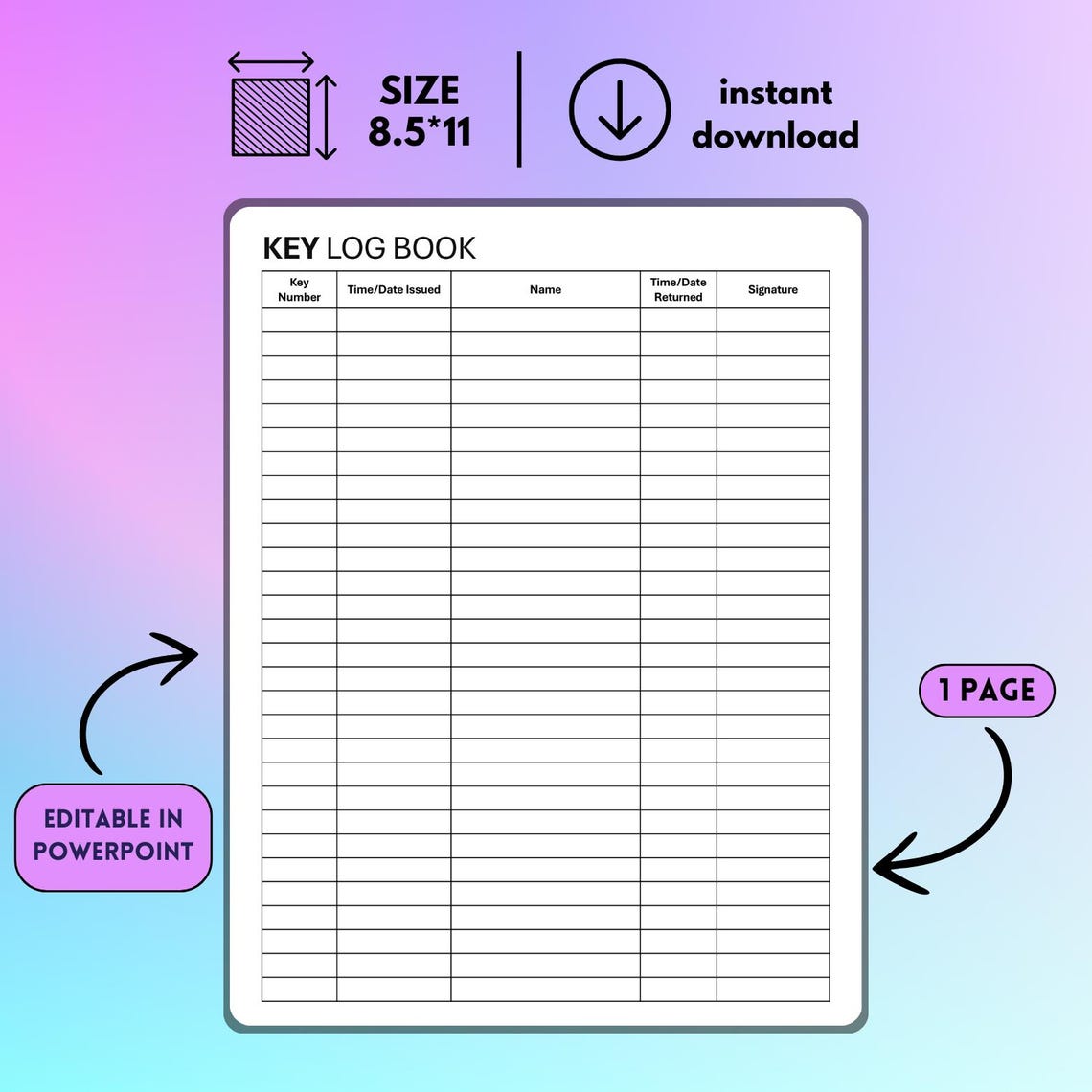 Key Log Template, Key Sign Out Sheet Printable, Visitor Sign in Out ...