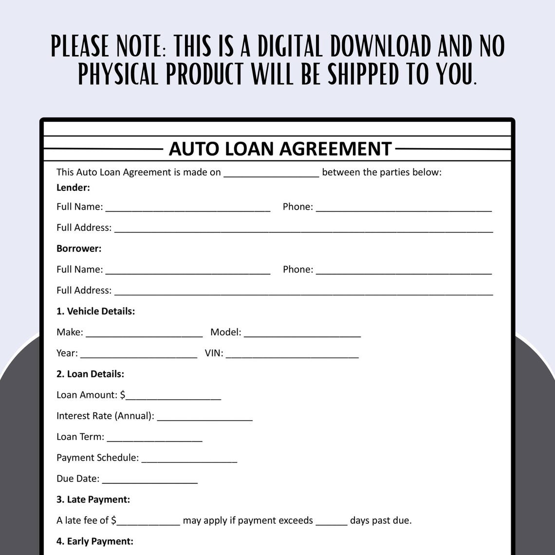 Auto Loan Form.pdf Printable Auto Loan Agreement Template, Car Payment Contract Form ...