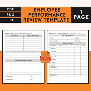 Puede incluir: Una plantilla de evaluación de desempeño de empleados imprimible en blanco y negro con secciones para logros, áreas de mejora, expectativas y objetivos, comentarios de supervisores/evaluadores, información del empleado, calificaciones individuales, desempeño general y notas.