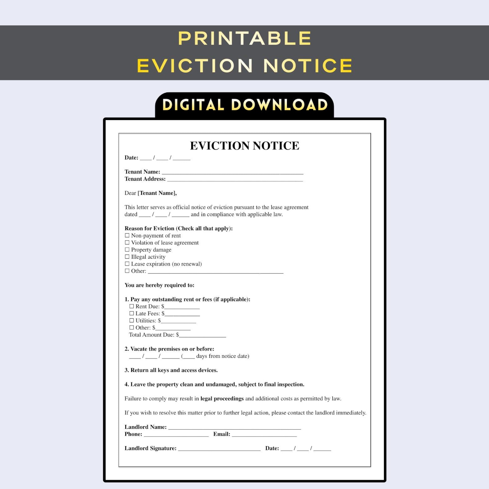 Eviction Notice Template Printable | Notice to Vacate Form | Landlord ...