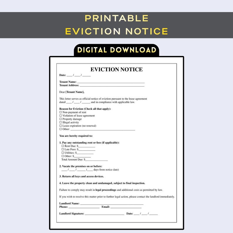 Eviction Notice Template Printable | Notice to Vacate Form | Landlord ...