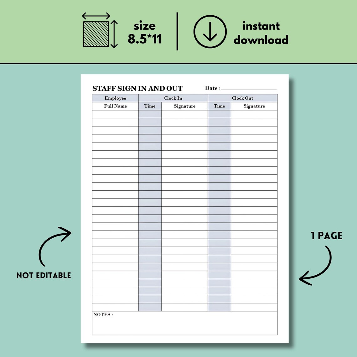 Employee Sign In/out Sheet: Printable Staff Attendance Template (PDF ...