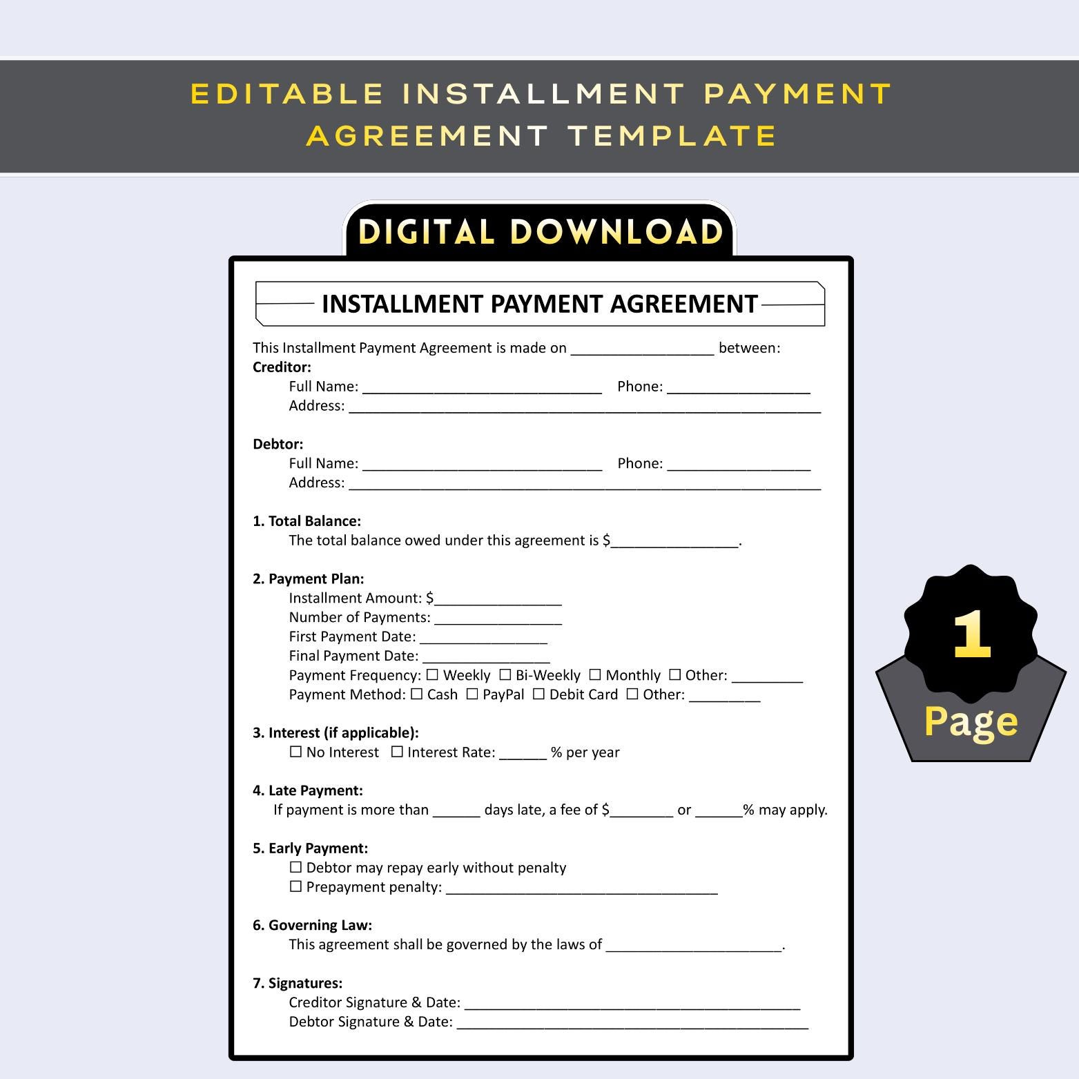 Printable Installment Payment Agreement Template, Loan Contract Form ...