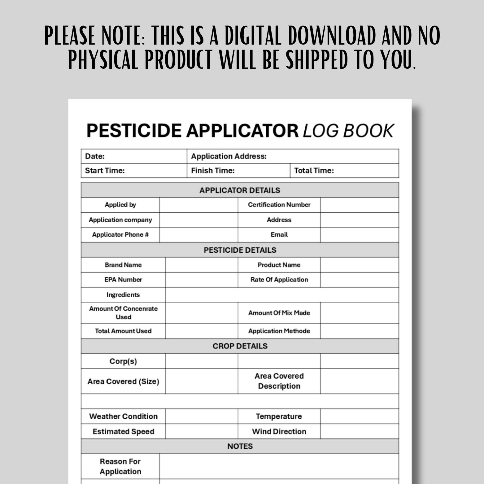 Pesticide Applicator Log Template : Chemical Application Record (PDF ...