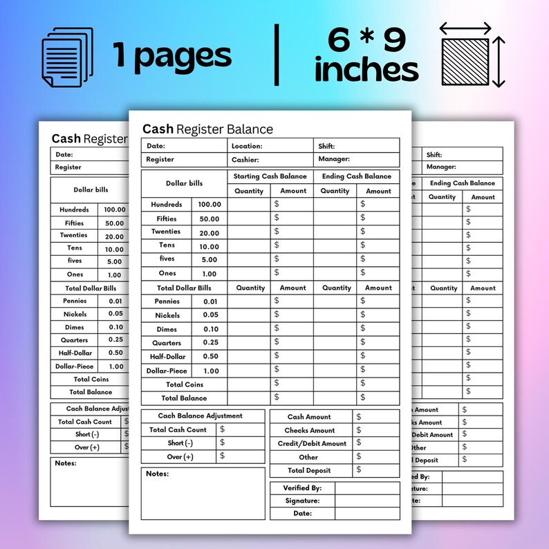 Cash Register Balance Sheet, Cash Breakdown Sheet, Small Business, Cash