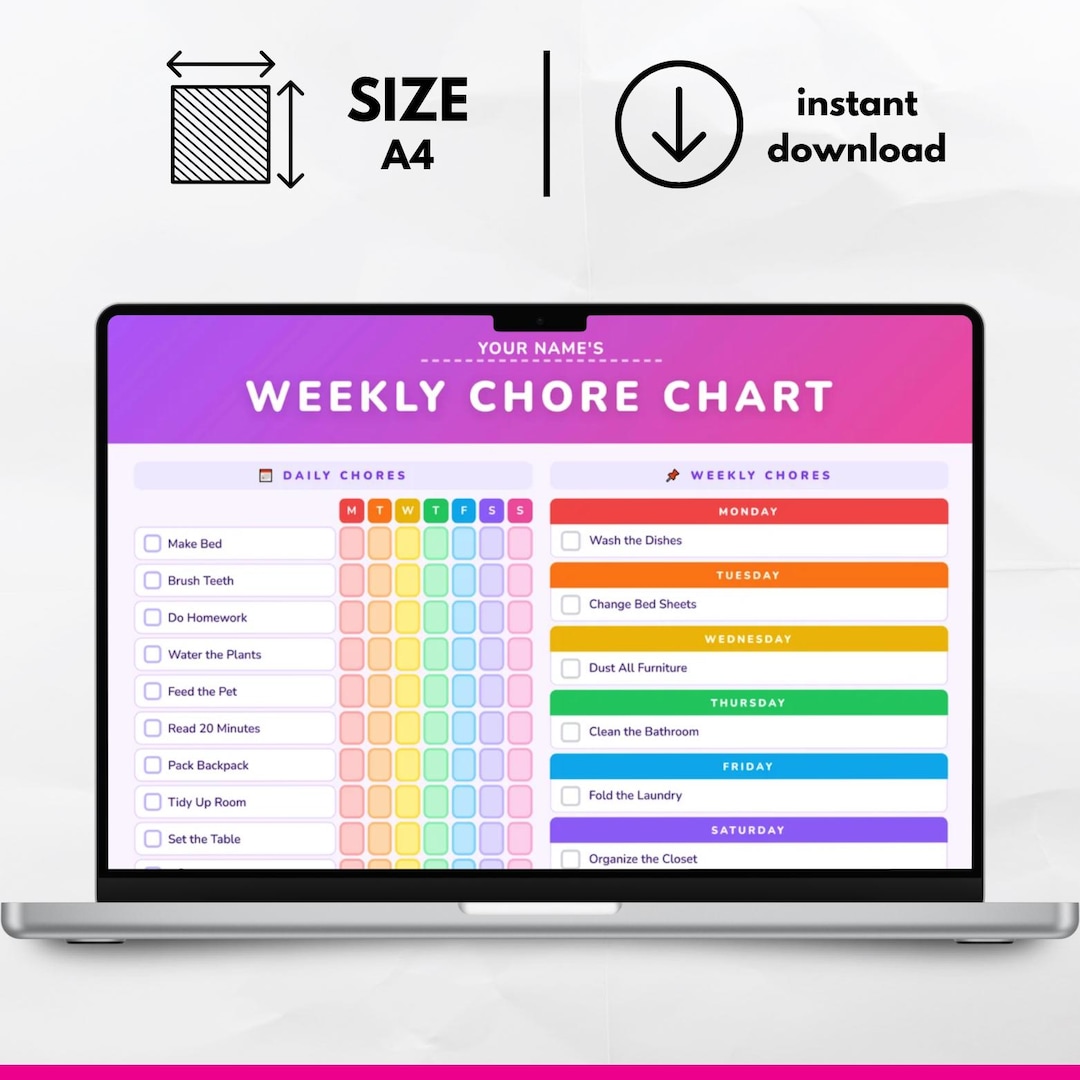 Editable Chore Chart Kids Teens Tweens | Daily Weekly Responsibility ...
