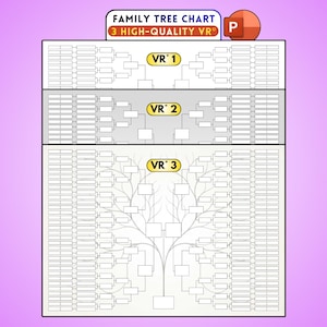 May include: A family tree chart with a purple and pink gradient background. The chart includes the text "FAMILY TREE CHART" and "3 HIGH-QUALITY VR". The chart is divided into three sections, each labeled "VR 1", "VR 2", and "VR 3".