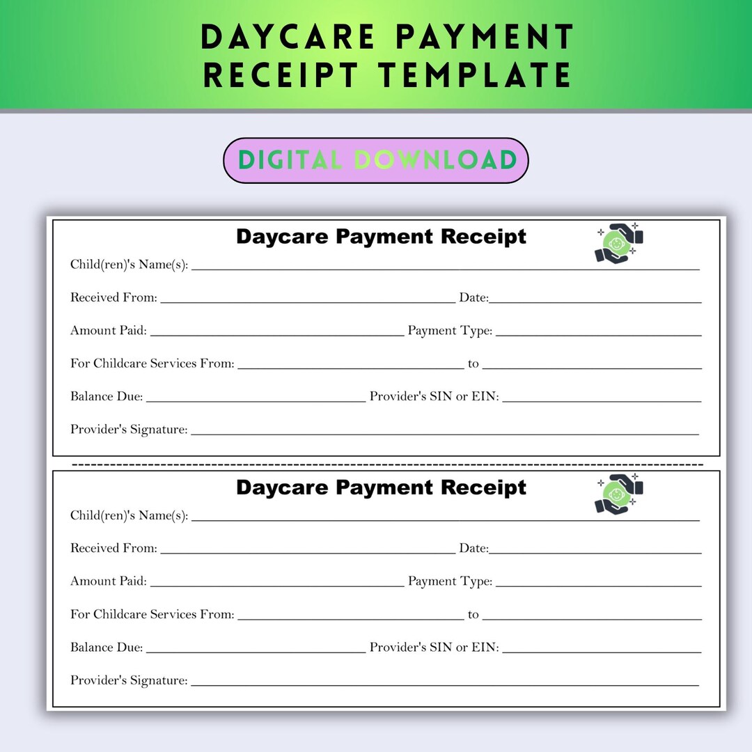 Daycare Receipt Printable, Child Care Payment Receipt Template ...