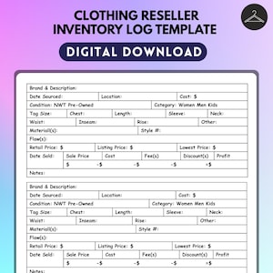 Puede incluir: Una plantilla de registro de inventario digital para revendedores de ropa. La plantilla incluye campos para la marca, el tamaño, la condición y los precios. El texto "CLOTHING RESELLER INVENTORY LOG TEMPLATE" y "DIGITAL DOWNLOAD" se muestran en la parte superior.