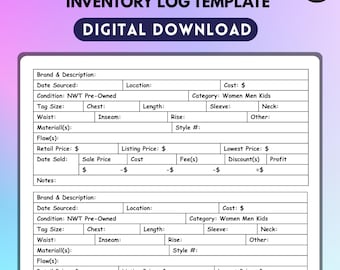 Op de afbeelding: Een digitale inventarislogboek sjabloon voor kledingverkopers. De sjabloon bevat velden voor merk, maat, conditie en prijs. De tekst "CLOTHING RESELLER INVENTORY LOG TEMPLATE" en "DIGITAL DOWNLOAD" worden bovenaan weergegeven.