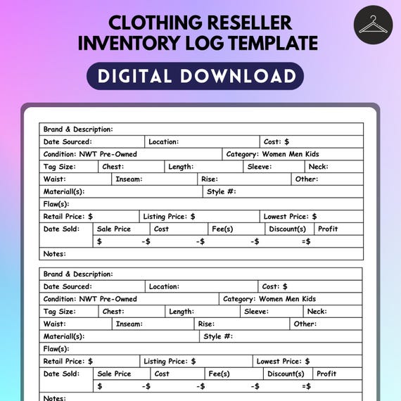 Clothing Reseller Inventory Log Sheet, Printable Reseller Tracker | Listing Template | Inventory Measurement Tracker | PDF | PPT | KDP Ready