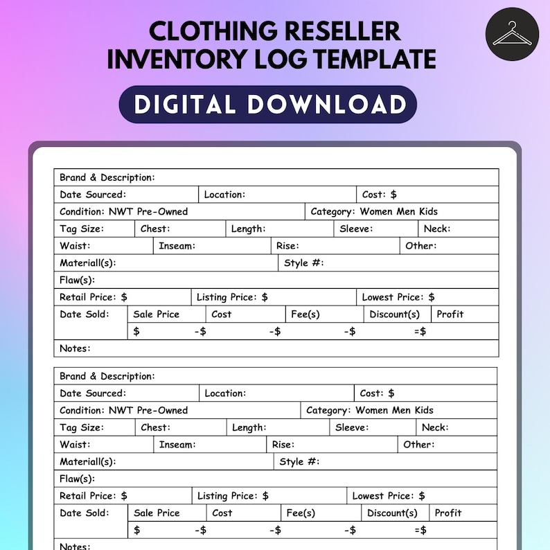 Op de afbeelding: Een digitale inventarislogboek sjabloon voor kledingverkopers. De sjabloon bevat velden voor merk, maat, conditie en prijs. De tekst "CLOTHING RESELLER INVENTORY LOG TEMPLATE" en "DIGITAL DOWNLOAD" worden bovenaan weergegeven.