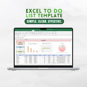 Op de afbeelding: Een laptop toont een Excel-sjabloon voor een takenlijst. Het scherm toont een spreadsheet met secties voor taken, categorieën en statussen. De tekst "EXCEL TO DO LIST TEMPLATE" staat bovenaan, met "SIMPLE. CLEAN. EFFECTIVE." eronder.