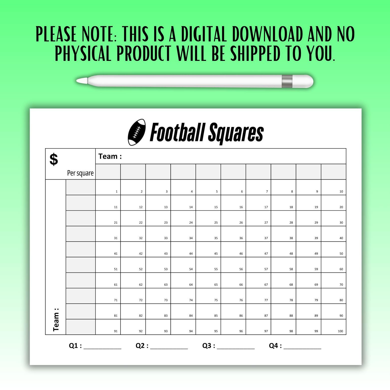 Football Squares Printable: 100 Square Grid (PDF & PNG) - Etsy