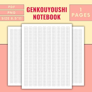 May include: Three white Genkouyoushi Notebook pages with a grid pattern, ideal for Japanese writing practice. The text "GENKOUYOUSHI NOTEBOOK" is in red. The size is 8.5" x 11". The background is a mix of yellow and pink.