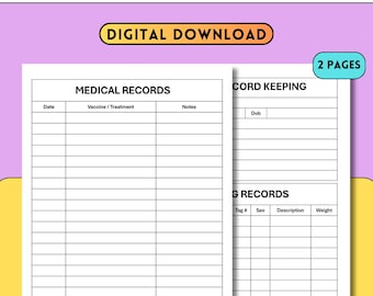 May include: A digital download cattle record keeping template with two pages. The template includes sections for medical records, with fields for date, vaccine/treatment, and notes, and sections for cord keeping and G records.
