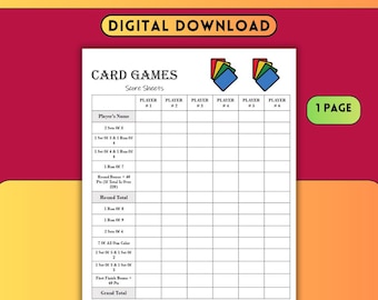 Score Card Game Sheet Printable, Score Keeper Template, Game Night Tracker, Player Score Sheet, Family Party Games, Instant Download PDF