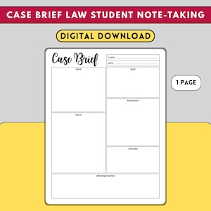 May include: A white case brief template for law students, with sections for issue, facts, rule, reasoning, holding, and important notes. The text "Case Brief Law Student Note-Taking" and "Digital Download" are at the top.