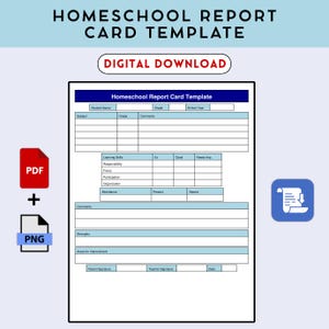 Könnte beinhalten: Eine digitale Vorlage für einen Homeschool-Zeugnis in Blau und Weiß. Die Vorlage enthält Abschnitte für Schülerinformationen, Noten, Kommentare und Lernfähigkeiten. Die Wörter "Homeschool Report Card Template" und "Digital Download" werden angezeigt.