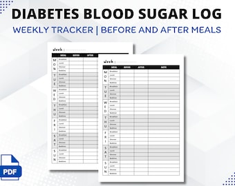 May include: A black and white printable PDF document with a blood sugar log for tracking blood sugar levels before and after meals. The log is divided into days of the week, with columns for meal, before, after, and notes.