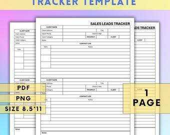 Op de afbeelding: Een witte sales leads tracker sjabloon met de tekst "SALES LEADS TRACKER TEMPLATE" bovenaan. De sjabloon bevat velden voor klantinformatie en een contactlogboek. De grootte is 21,59 x 27,94 cm.