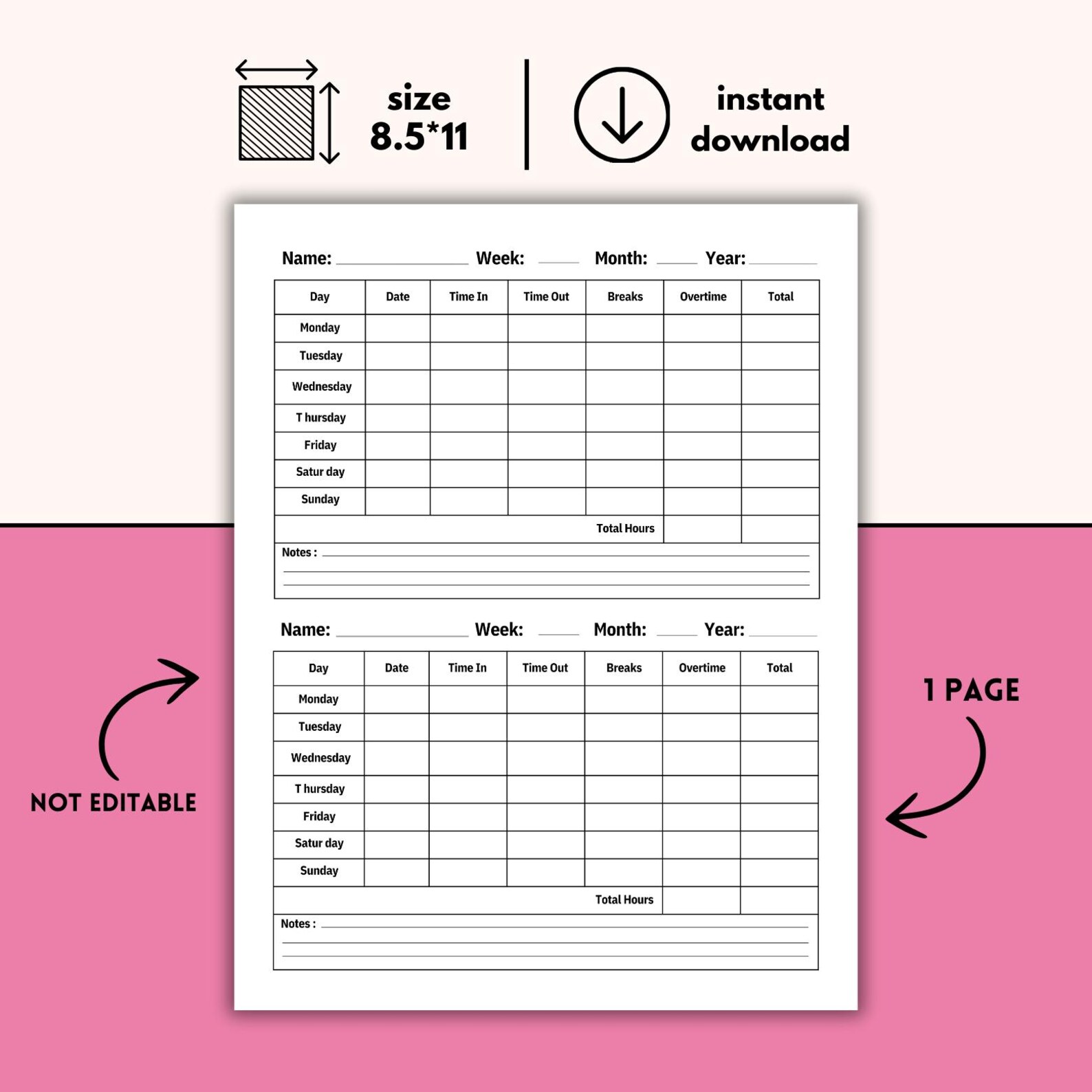 Weekly Time Sheet Log Template: Employee Work Tracker (PDF & PNG) - Etsy