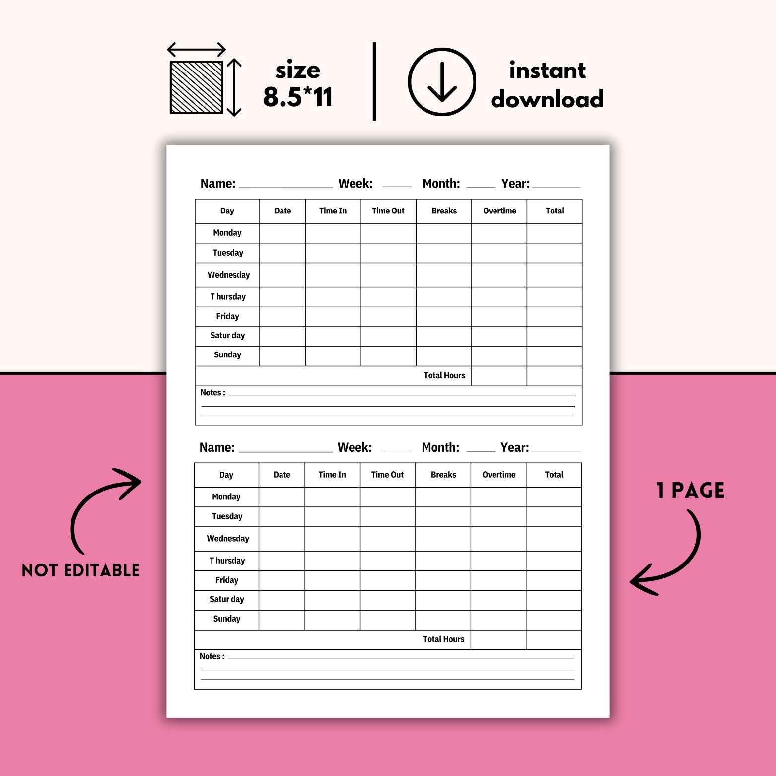 Weekly Time Sheet Log Template: Employee Work Tracker (PDF & PNG) - Etsy