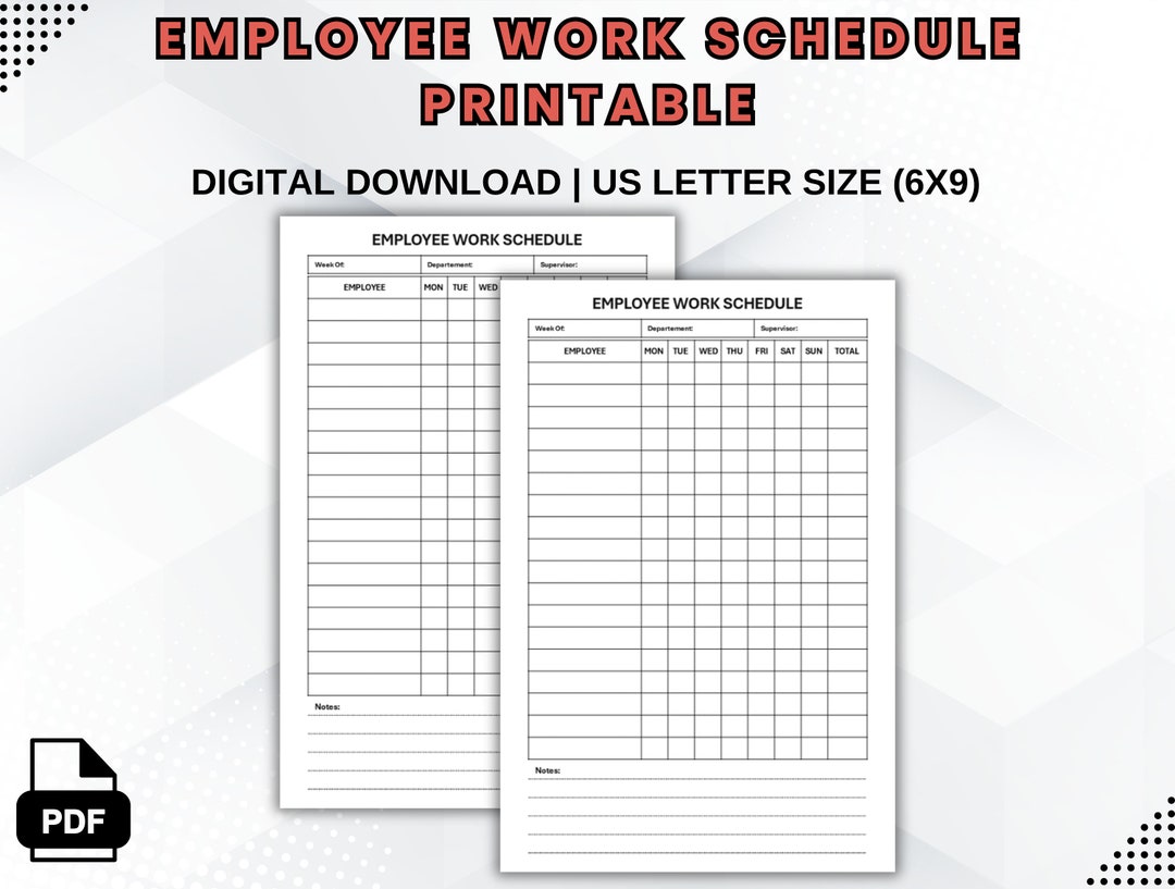Standard Work Time Chart.pdf Employee Work Schedule Printable: Weekly Staff Time Tracker (PDF, PNG ...