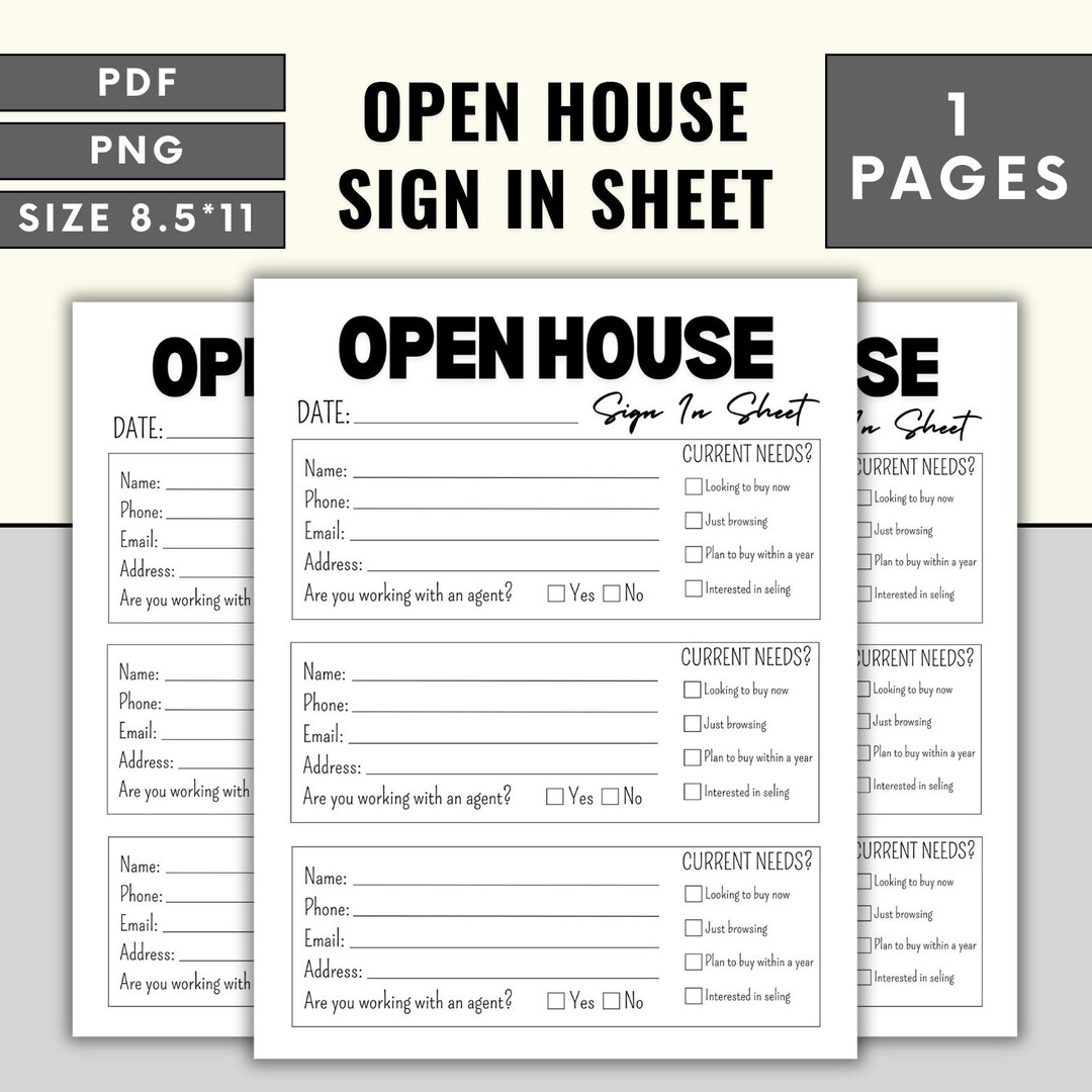 Open House Sign-in Sheet: Real Estate Agent Forms (PDF & PNG) - Etsy