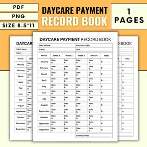 Op de afbeelding: Een zwart-witte, printbare crèche-betalingsboek met de titel "Daycare Payment Record Book". Het bevat ruimte voor de naam van het kind, het schoolgeld, de inschrijvingsdatum en het jaar. Het boek bevat een maandelijkse kalender met ruimte voor data, bedragen en totalen.