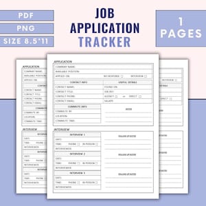 May include: A printable job application tracker with sections for application details, contact information, commute information, interview details, and follow-up notes. The tracker is designed to help job seekers organize their job search and keep track of their progress.