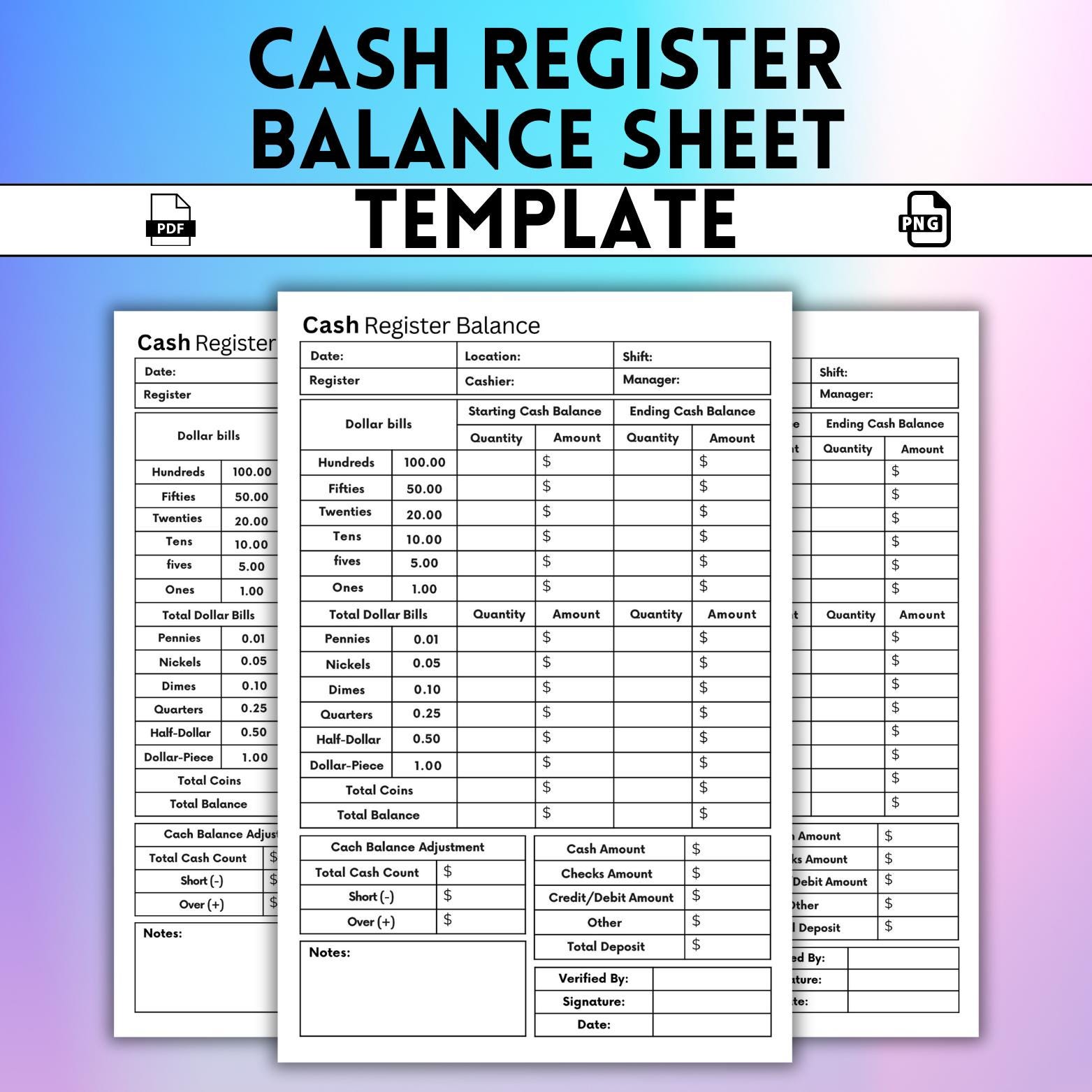 Cash Register Balance Sheet, Cash Breakdown Sheet, Small Business, Cash