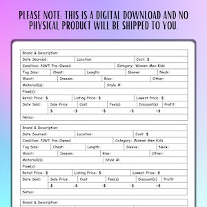 Op de afbeelding: Digitale download template met velden voor kledingdetails. Bevat secties voor merk, maat en prijs. De tekst bovenaan luidt: "LET OP: DIT IS EEN DIGITALE DOWNLOAD EN ER WORDEN GEEN FYSIEKE PRODUCTEN NAAR U VERZONDEN."